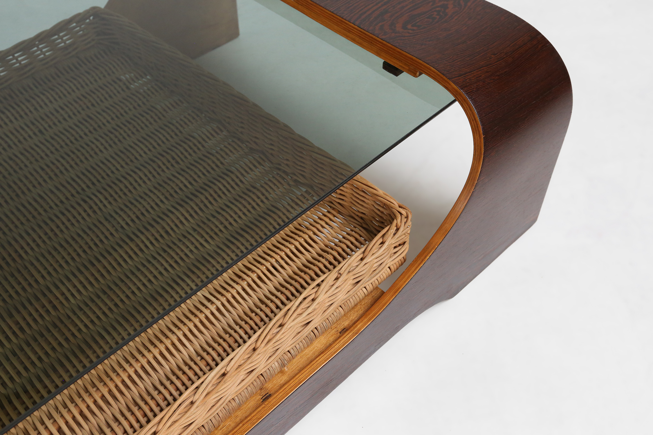 French mid-century coffee table in curved wenge plywood with glass top, 1960sthumbnail